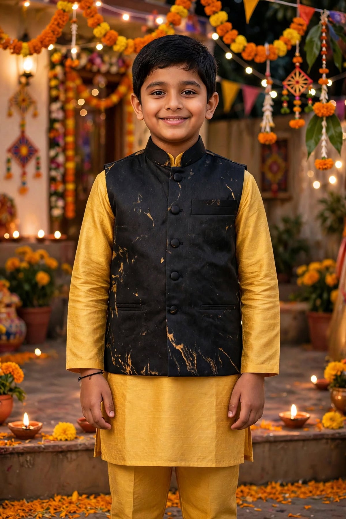 Boys Black Marble-Print Nehru Jacket – Festive Ethnic Waistcoat