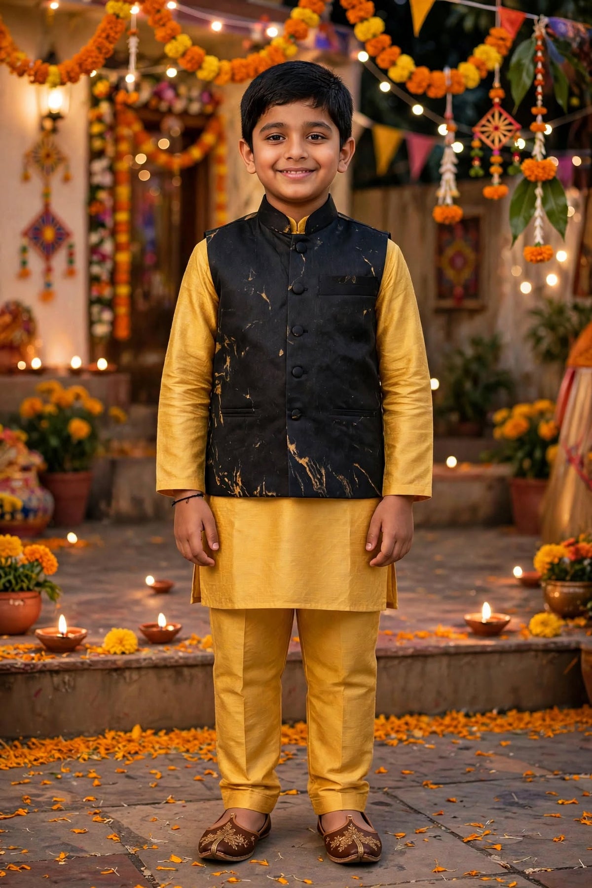 Boys Black Marble-Print Nehru Jacket – Festive Ethnic Waistcoat