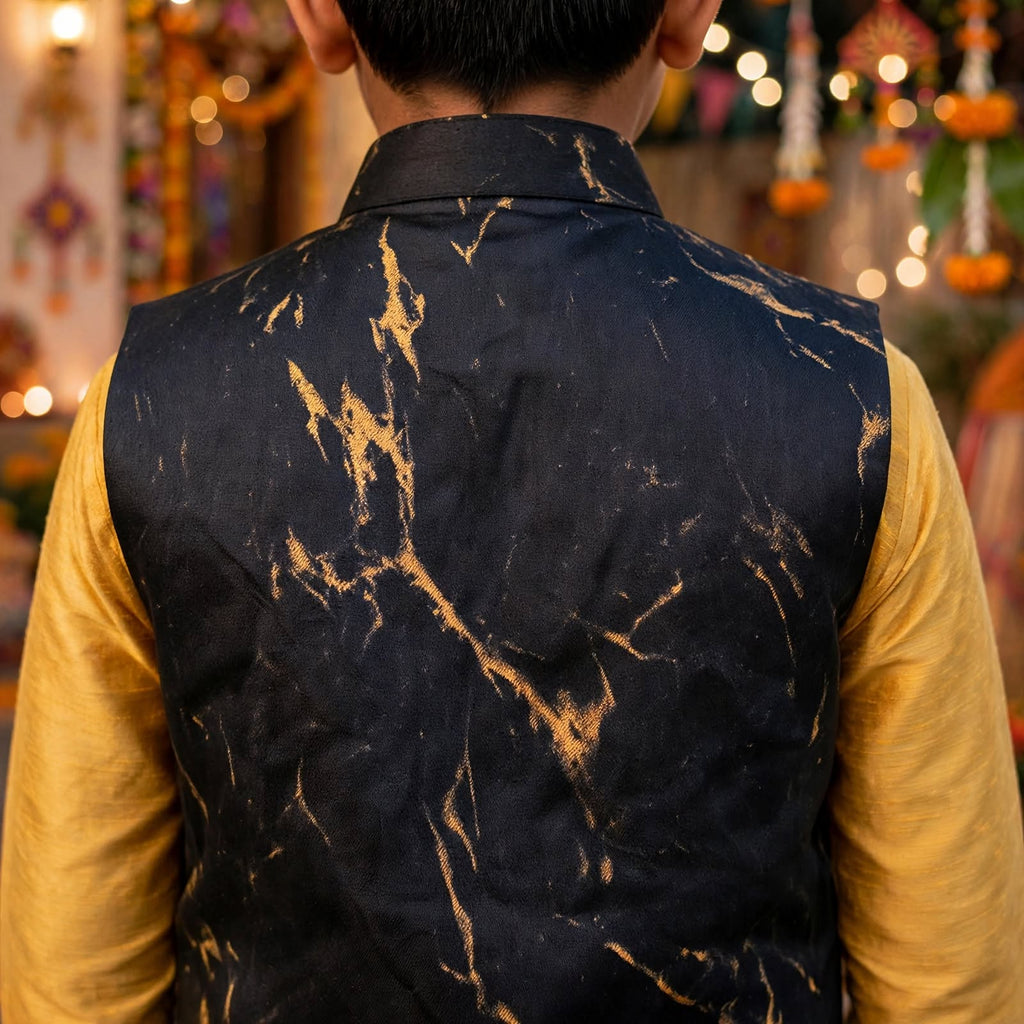 Boys Black Marble-Print Nehru Jacket – Festive Ethnic Waistcoat