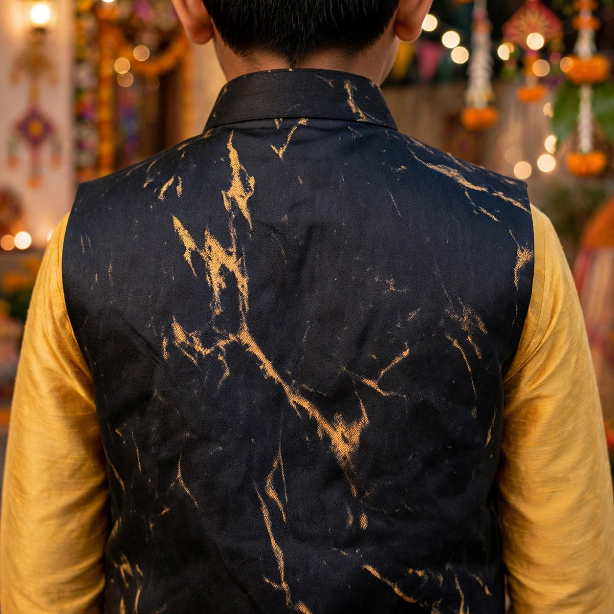 Boys Black Marble-Print Nehru Jacket – Festive Ethnic Waistcoat