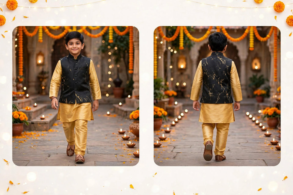 Boys Black Marble-Print Nehru Jacket – Festive Ethnic Waistcoat