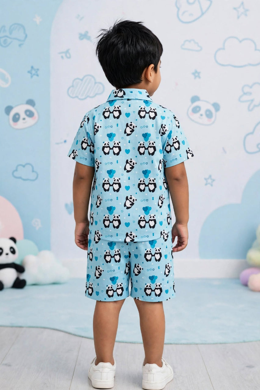 Kids Blue Panda Print Cotton Co-ord Set | Half Sleeve Shirt & Shorts