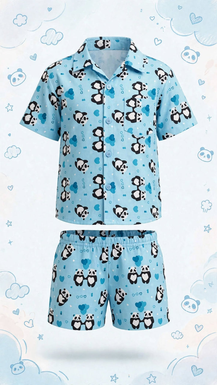 Kids Blue Panda Print Cotton Co-ord Set | Half Sleeve Shirt & Shorts