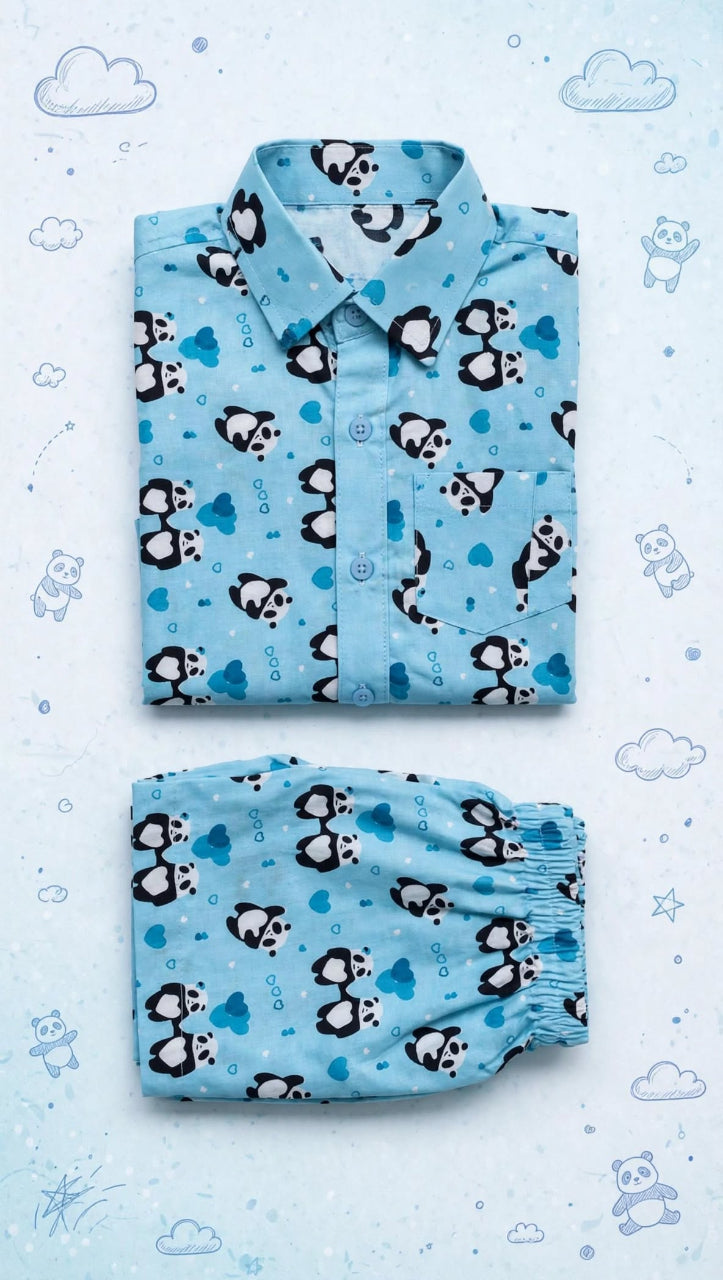 Kids Blue Panda Print Cotton Co-ord Set | Half Sleeve Shirt & Shorts