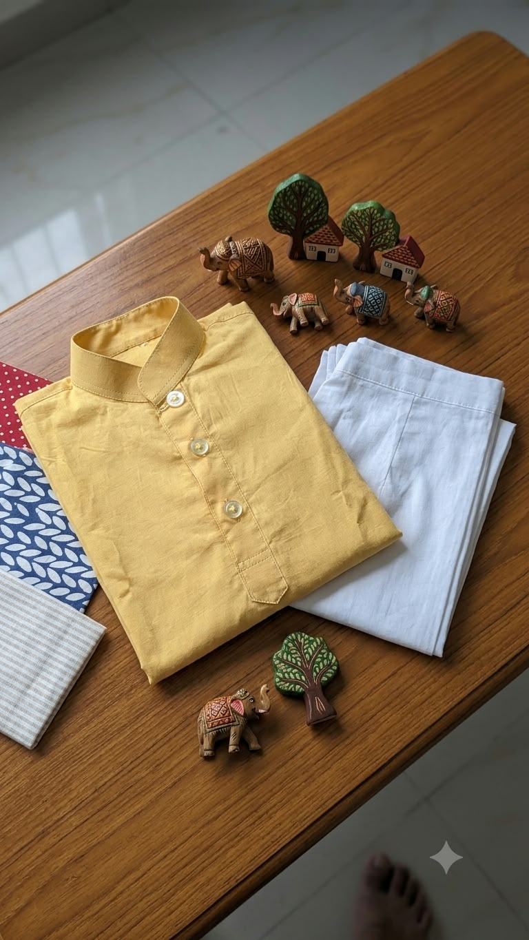 Boys Yellow Cotton Kurta with White Pajama – Festive Ethnic Wear Set