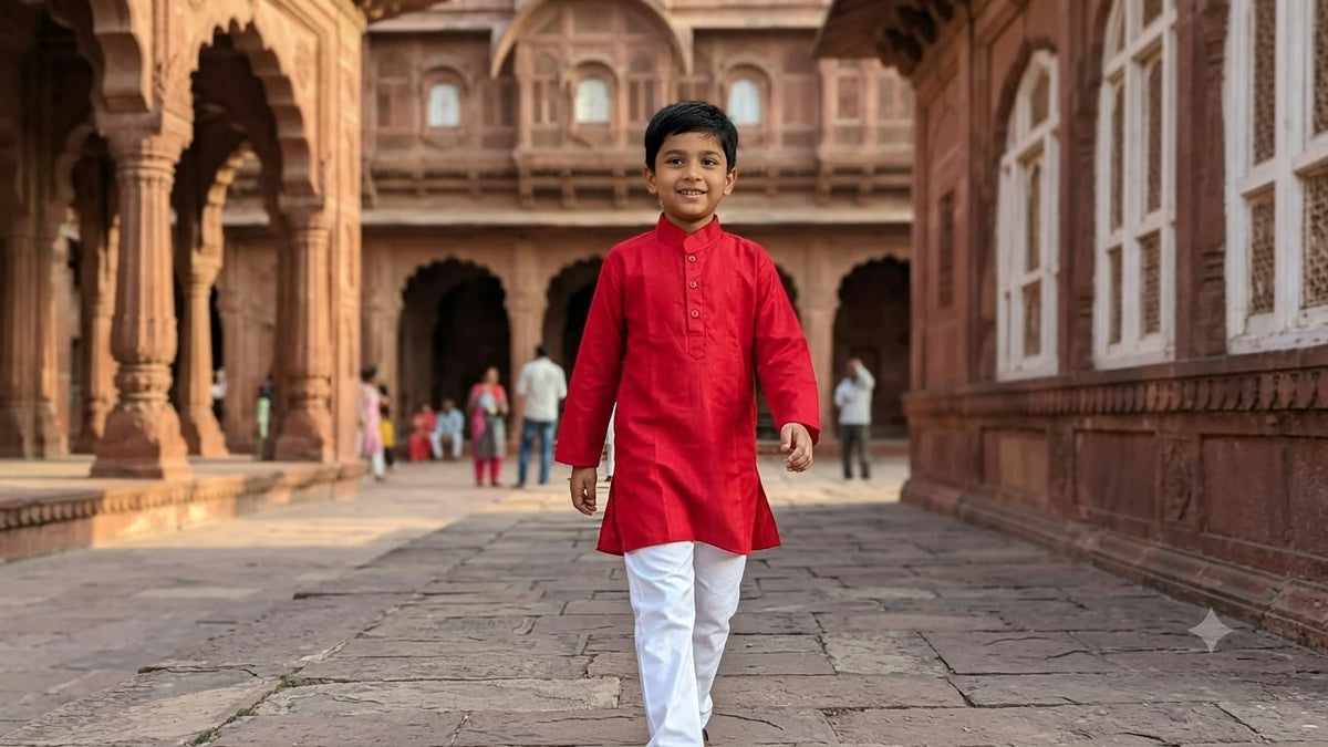 Boys Red Cotton Kurta with White Pajama – Traditional Ethnic Wear Set