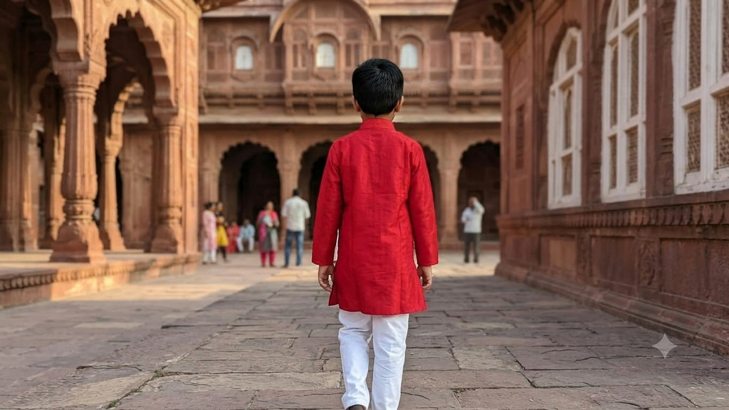 Boys Red Cotton Kurta with White Pajama – Traditional Ethnic Wear Set