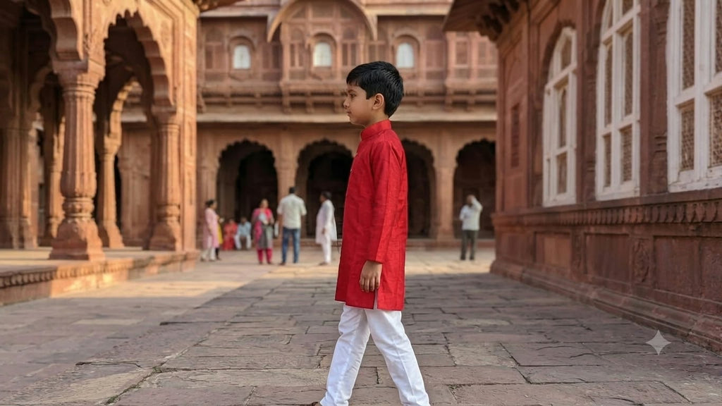 Boys Red Cotton Kurta with White Pajama – Traditional Ethnic Wear Set