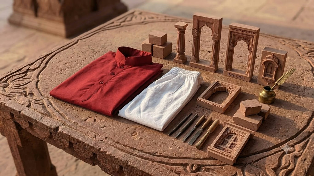 Boys Red Cotton Kurta with White Pajama – Traditional Ethnic Wear Set