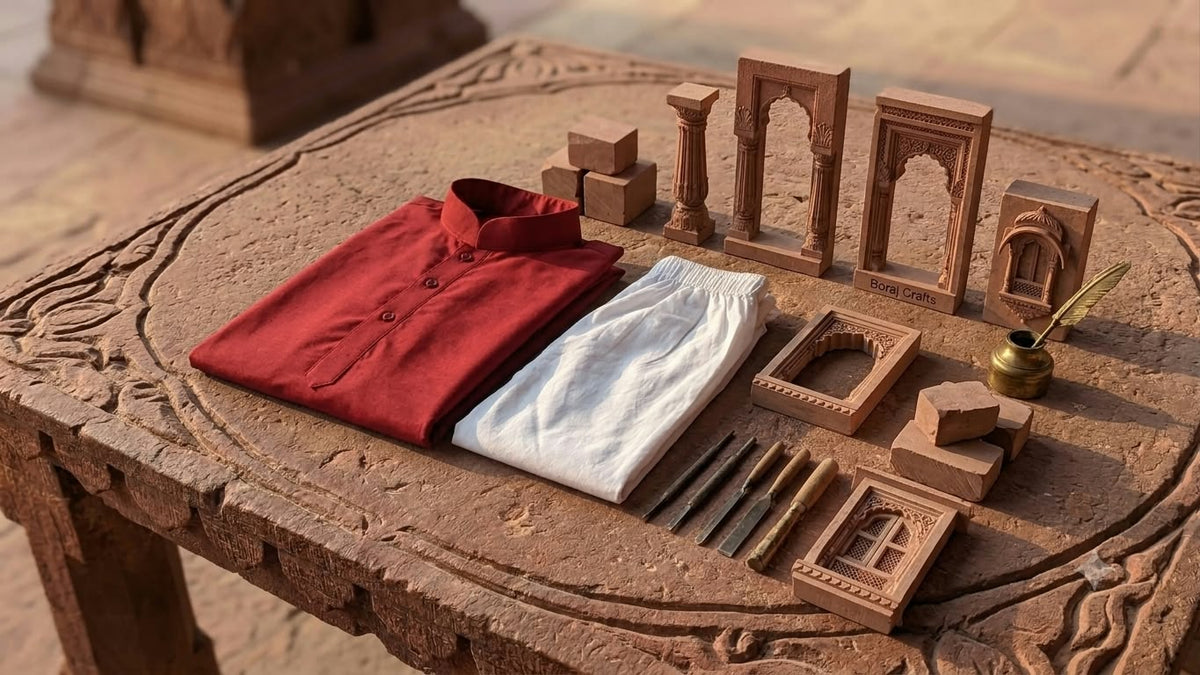 Boys Red Cotton Kurta with White Pajama – Traditional Ethnic Wear Set