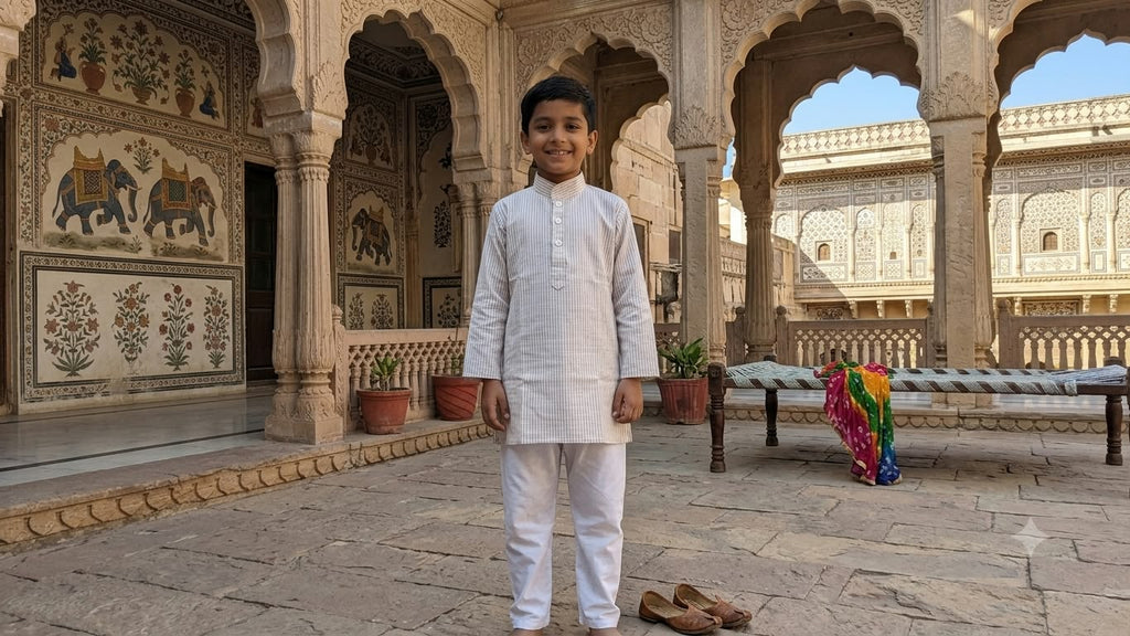 Boys White Striped Cotton Kurta with Pajama – Classic Ethnic Wear Set
