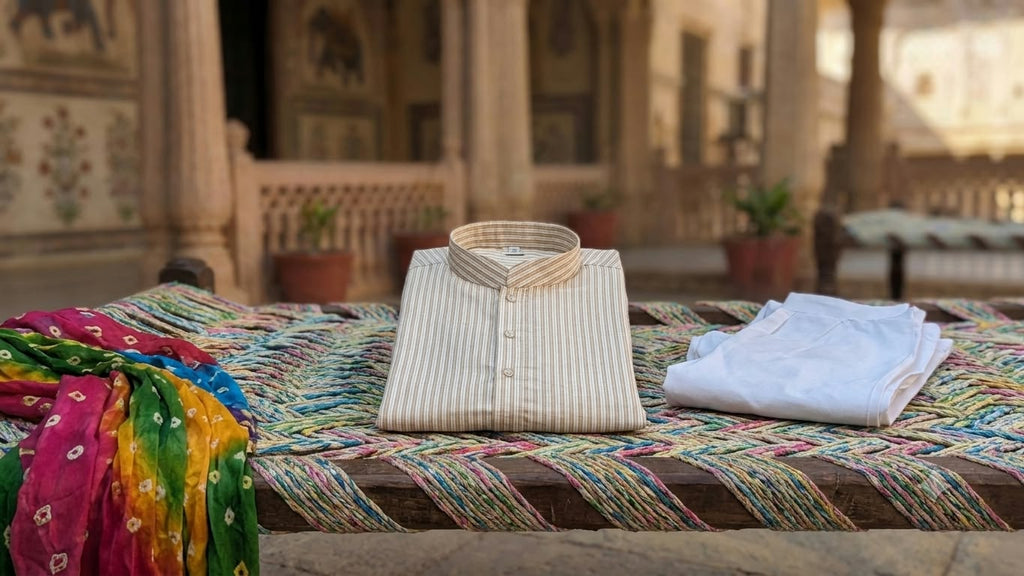 Boys White Striped Cotton Kurta with Pajama – Classic Ethnic Wear Set