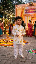 Boys White Cotton Kurta with Fun Giraffe Print & Pajama – Festive Ethnic Wear Set