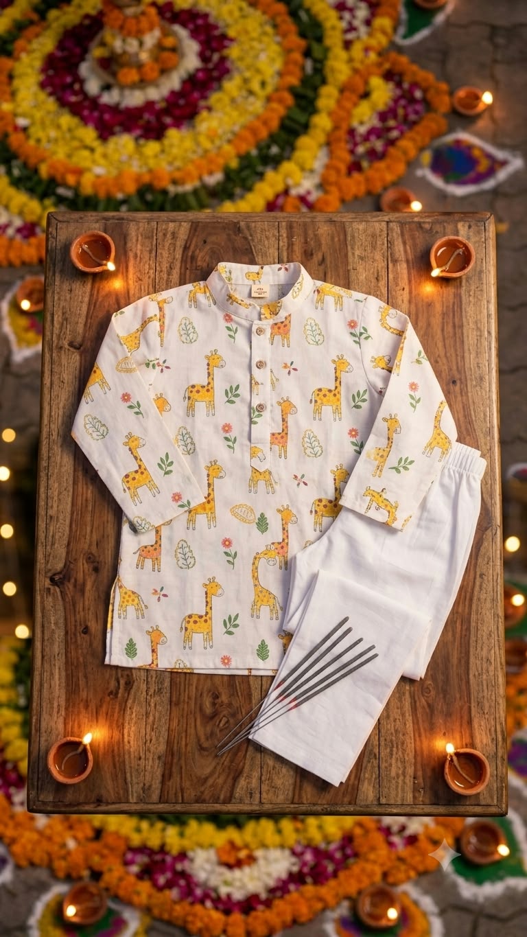Boys White Cotton Kurta with Fun Giraffe Print & Pajama – Festive Ethnic Wear Set