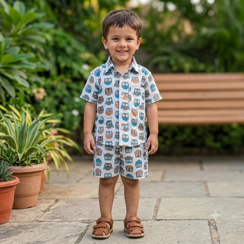 Boys Owl Print Shirt & Shorts Co-Ord Set