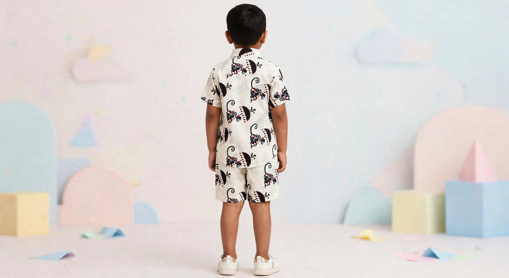 Boys Monkey with Umbrella Printed Shirt & Shorts Co-Ord Set