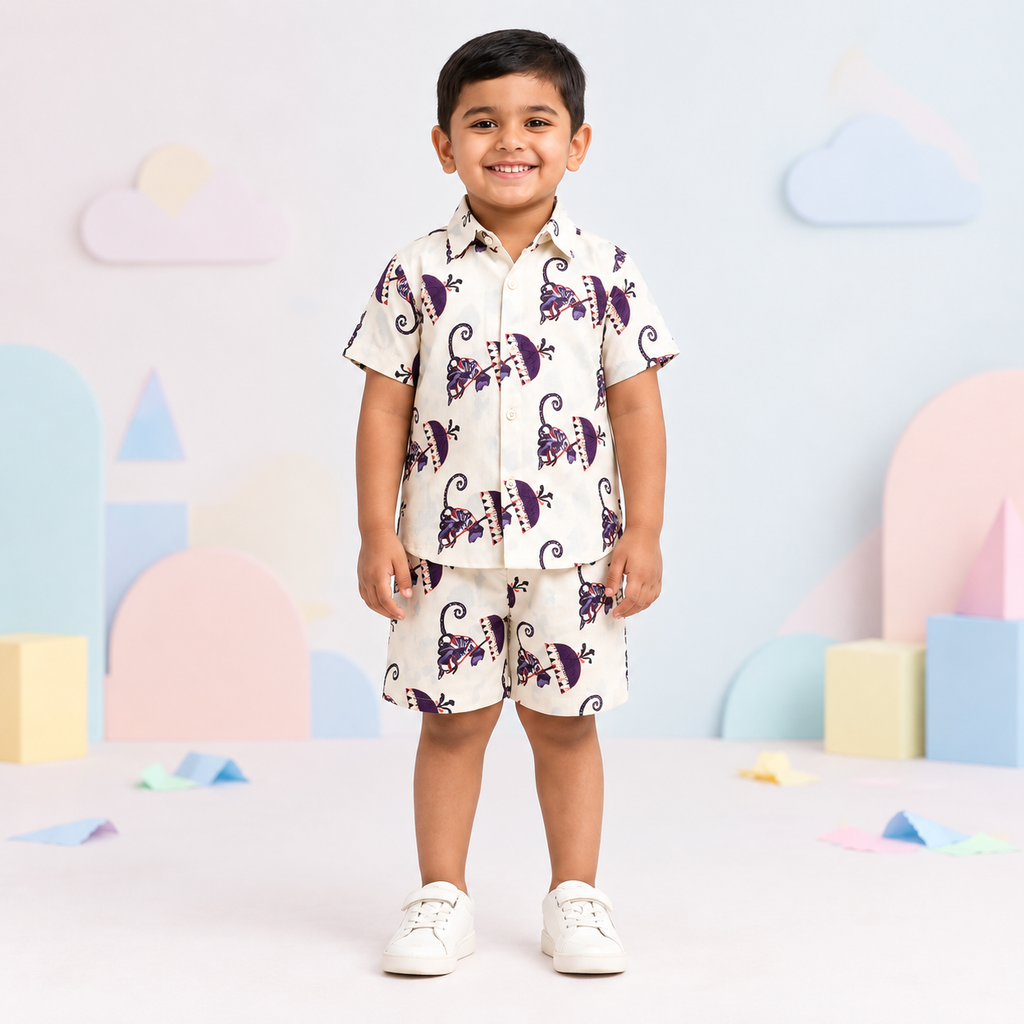 Boys Purple Monkey Printed Shirt & Shorts Co-Ord Set