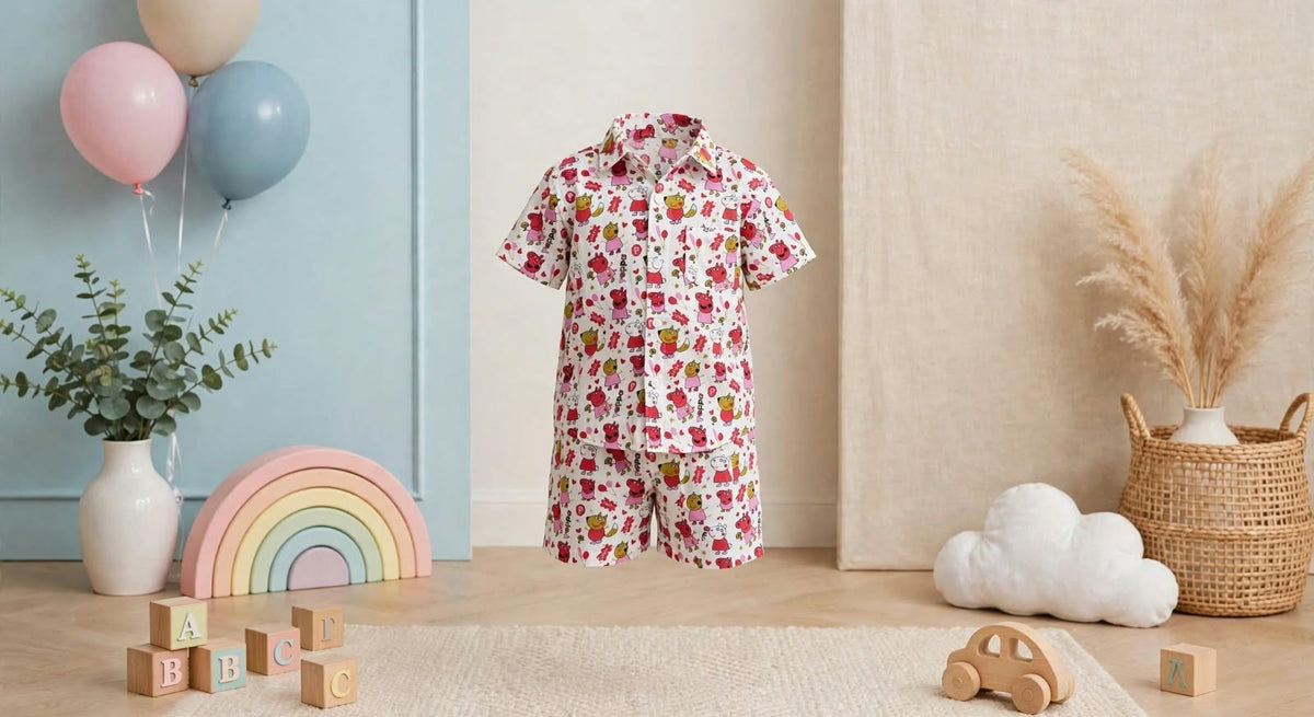 Kids Cartoon Print Shirt & Shorts Co-Ord Set