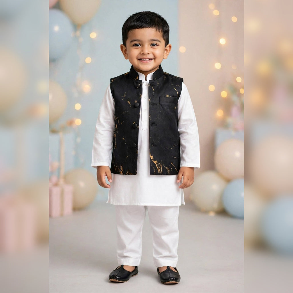 Black & Gold Printed Nehru Jacket Set for Boys