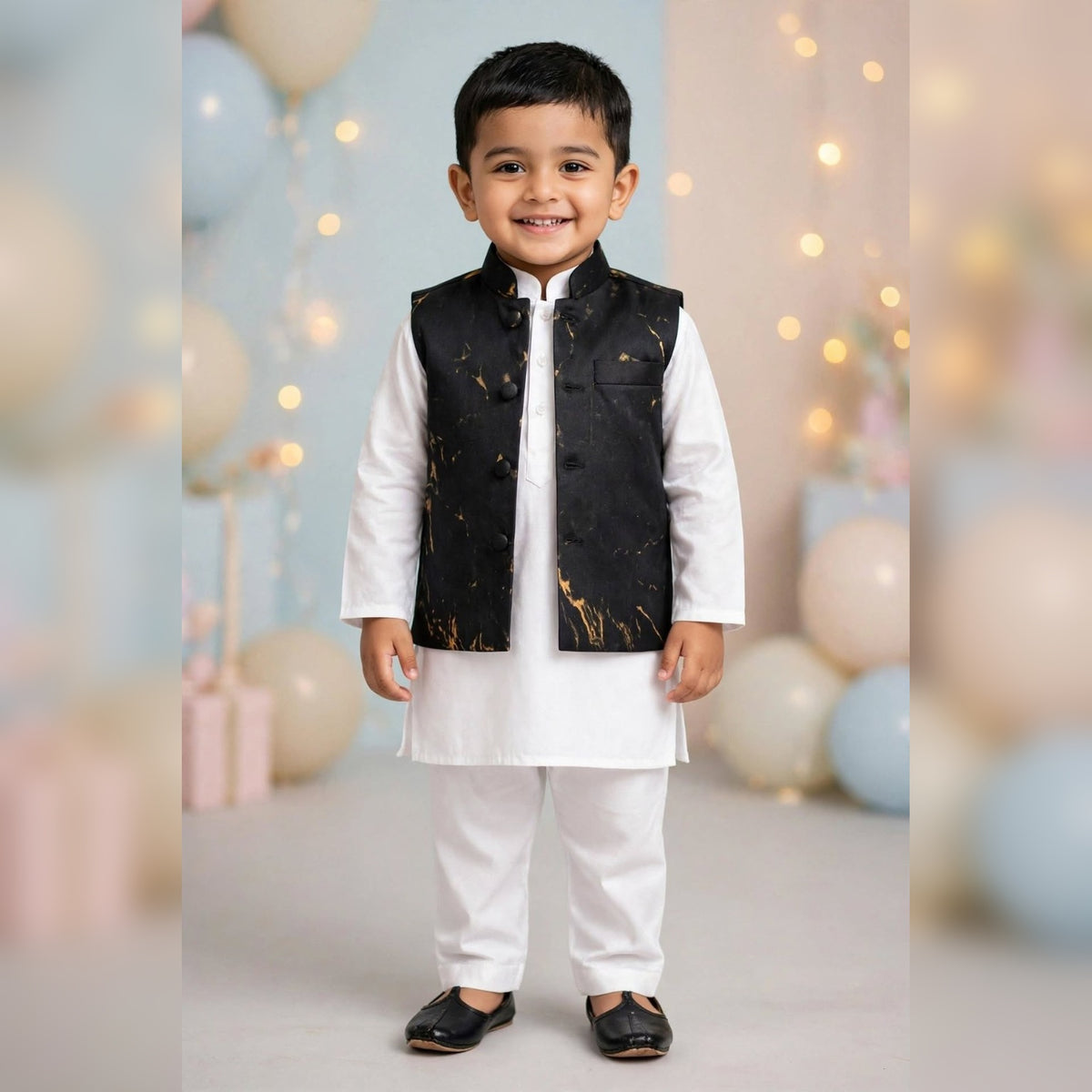 Black & Gold Printed Nehru Jacket Set for Boys