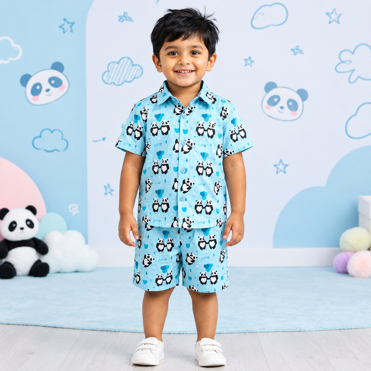 Kids Blue Panda Print Cotton Co-ord Set | Half Sleeve Shirt & Shorts