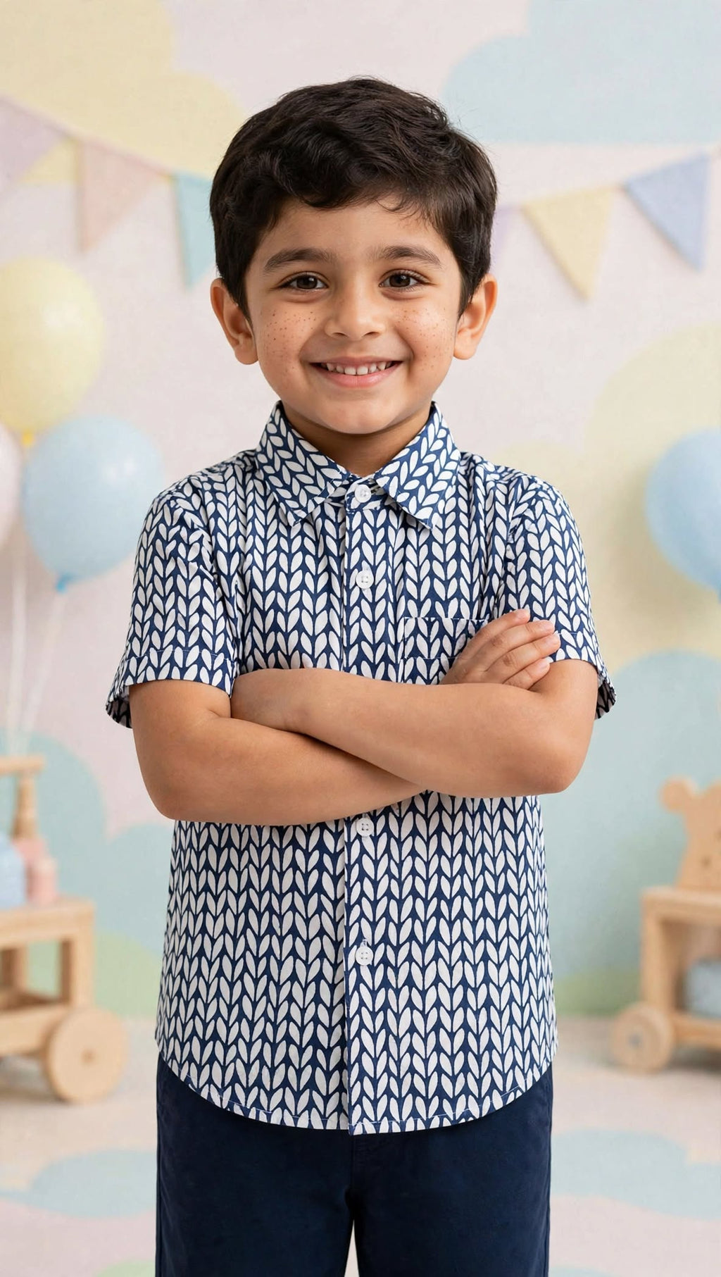 Boys Navy Blue Printed Shirt
