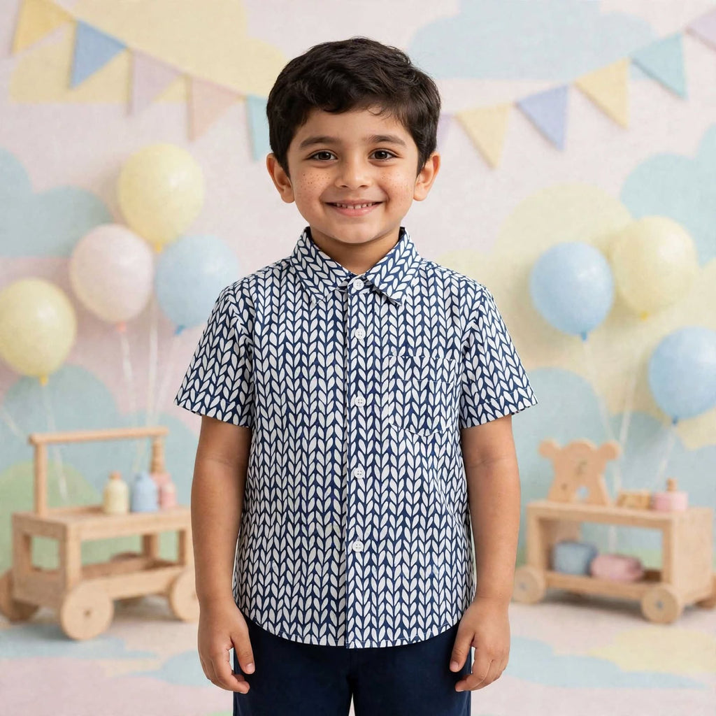 Boys Navy Blue Printed Shirt