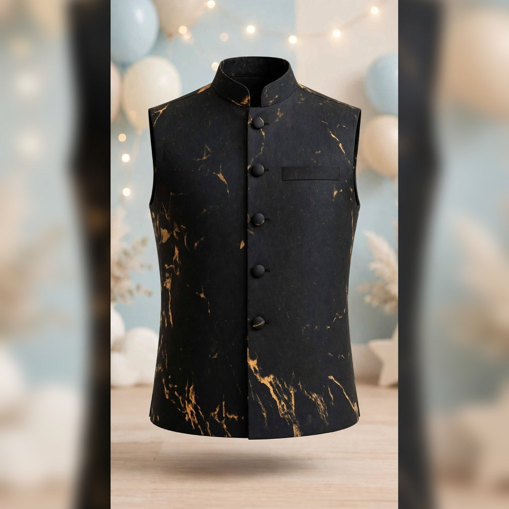 Black & Gold Printed Nehru Jacket Set for Boys