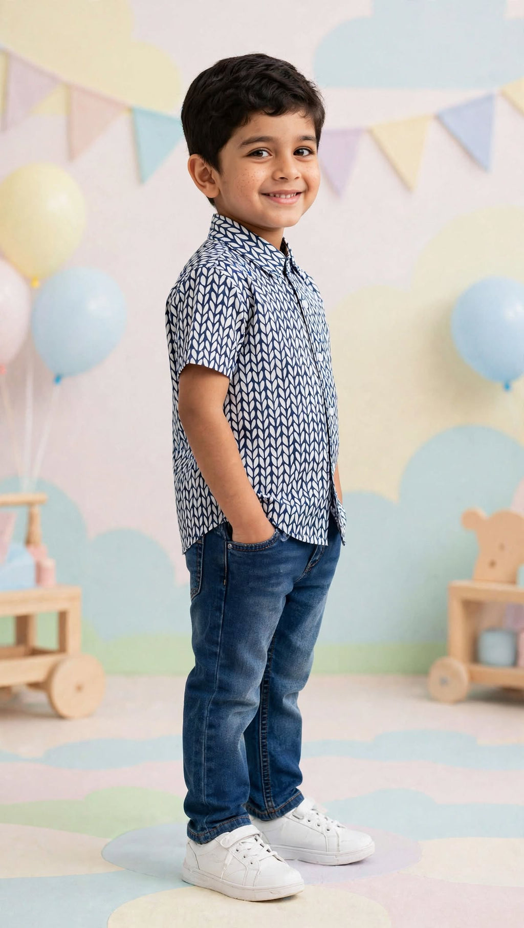 Boys Navy Blue Printed Shirt