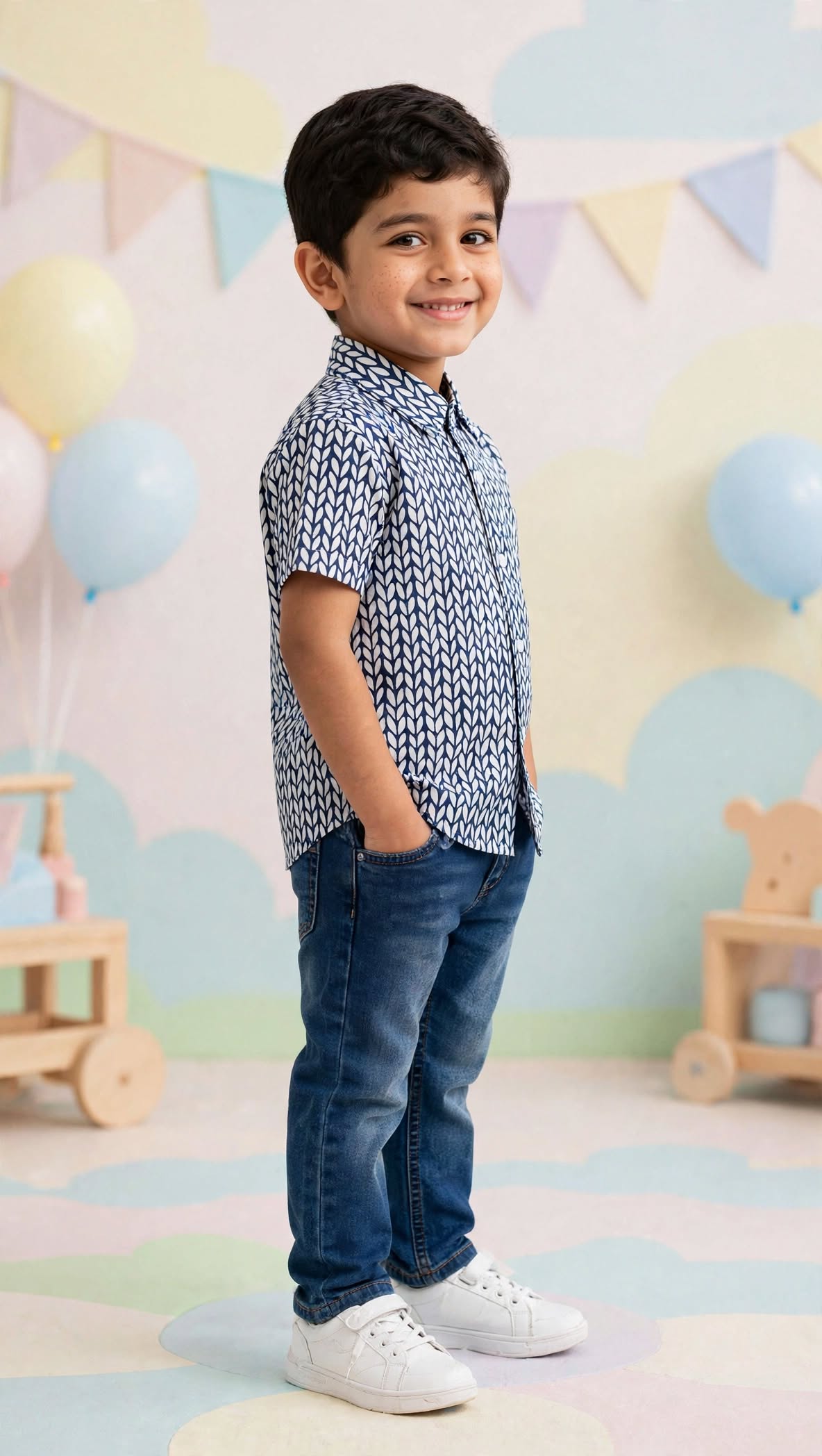 Boys Navy Blue Printed Shirt