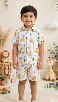 Boys Safari Giraffe Print Pure Cotton Shirt & Shorts Co-ord Set