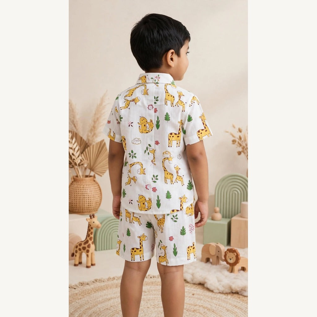 Boys Safari Giraffe Print Pure Cotton Shirt & Shorts Co-ord Set
