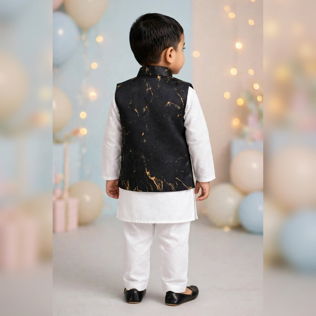 Black & Gold Printed Nehru Jacket Set for Boys