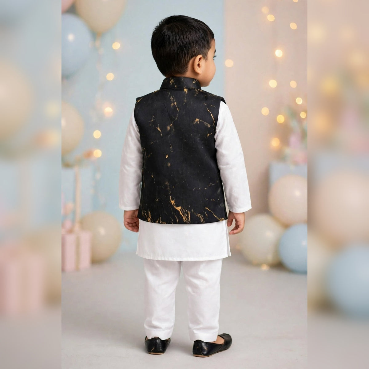 Black & Gold Printed Nehru Jacket Set for Boys