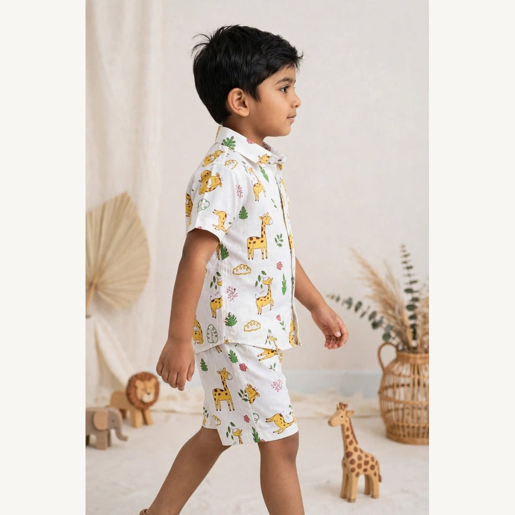 Boys Safari Giraffe Print Pure Cotton Shirt & Shorts Co-ord Set