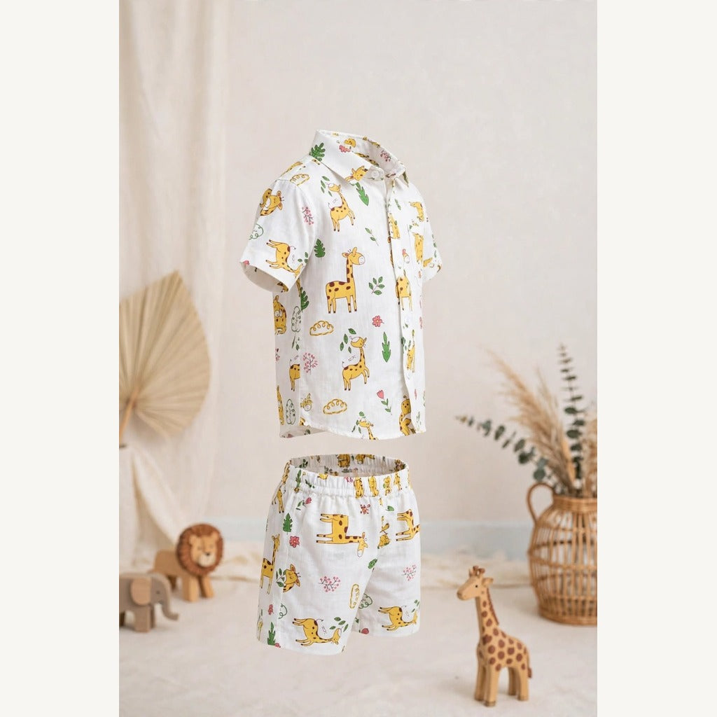 Boys Safari Giraffe Print Pure Cotton Shirt & Shorts Co-ord Set