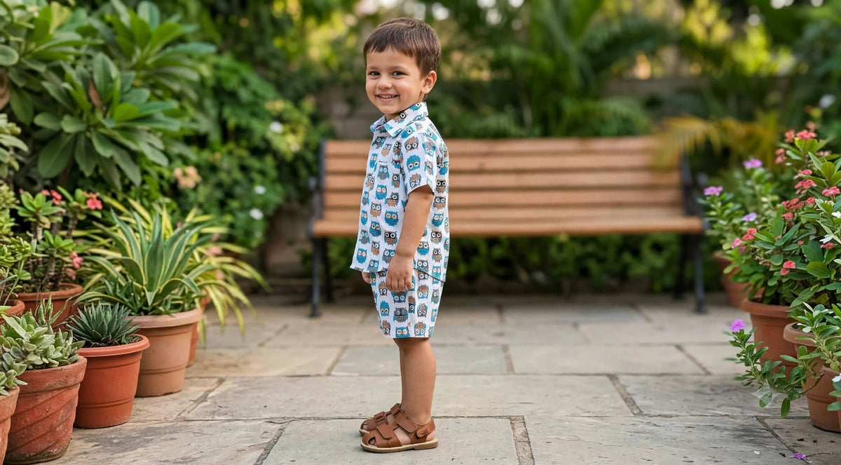 Boys Owl Print Shirt & Shorts Co-Ord Set