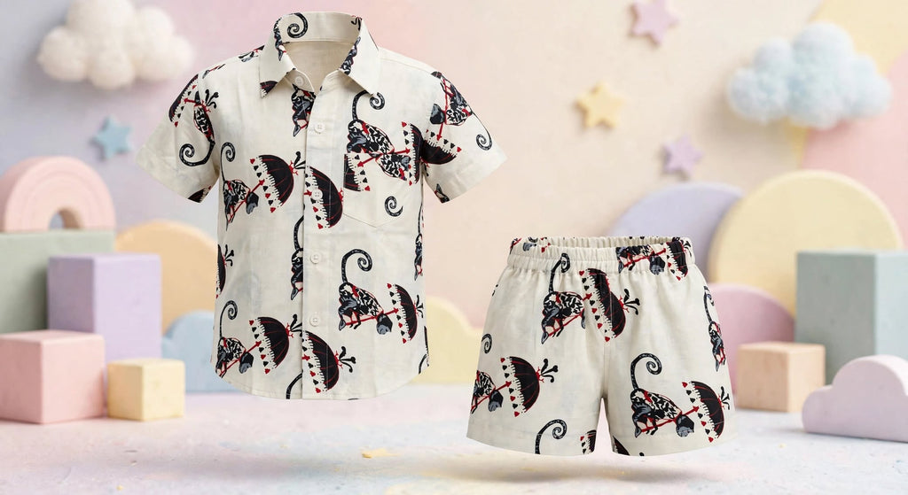 Boys Monkey with Umbrella Printed Shirt & Shorts Co-Ord Set
