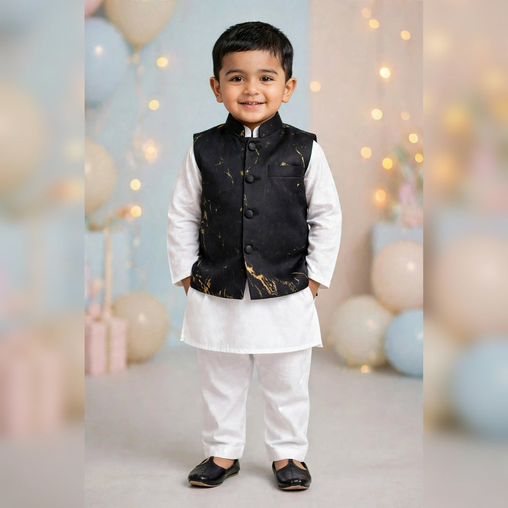 Black & Gold Printed Nehru Jacket Set for Boys