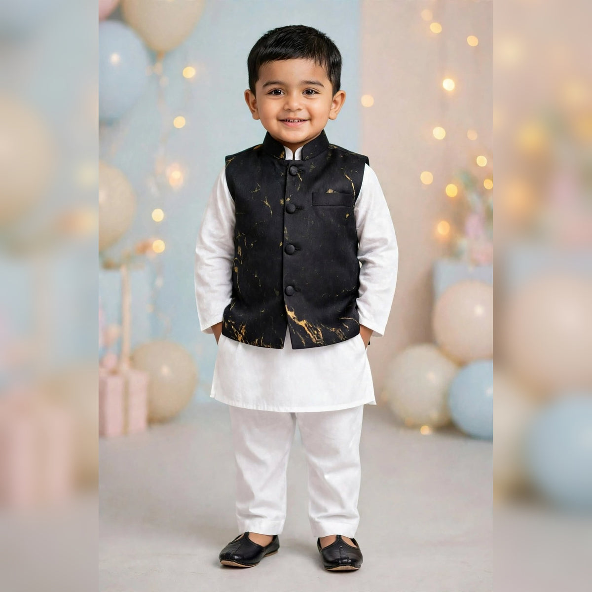 Black & Gold Printed Nehru Jacket Set for Boys