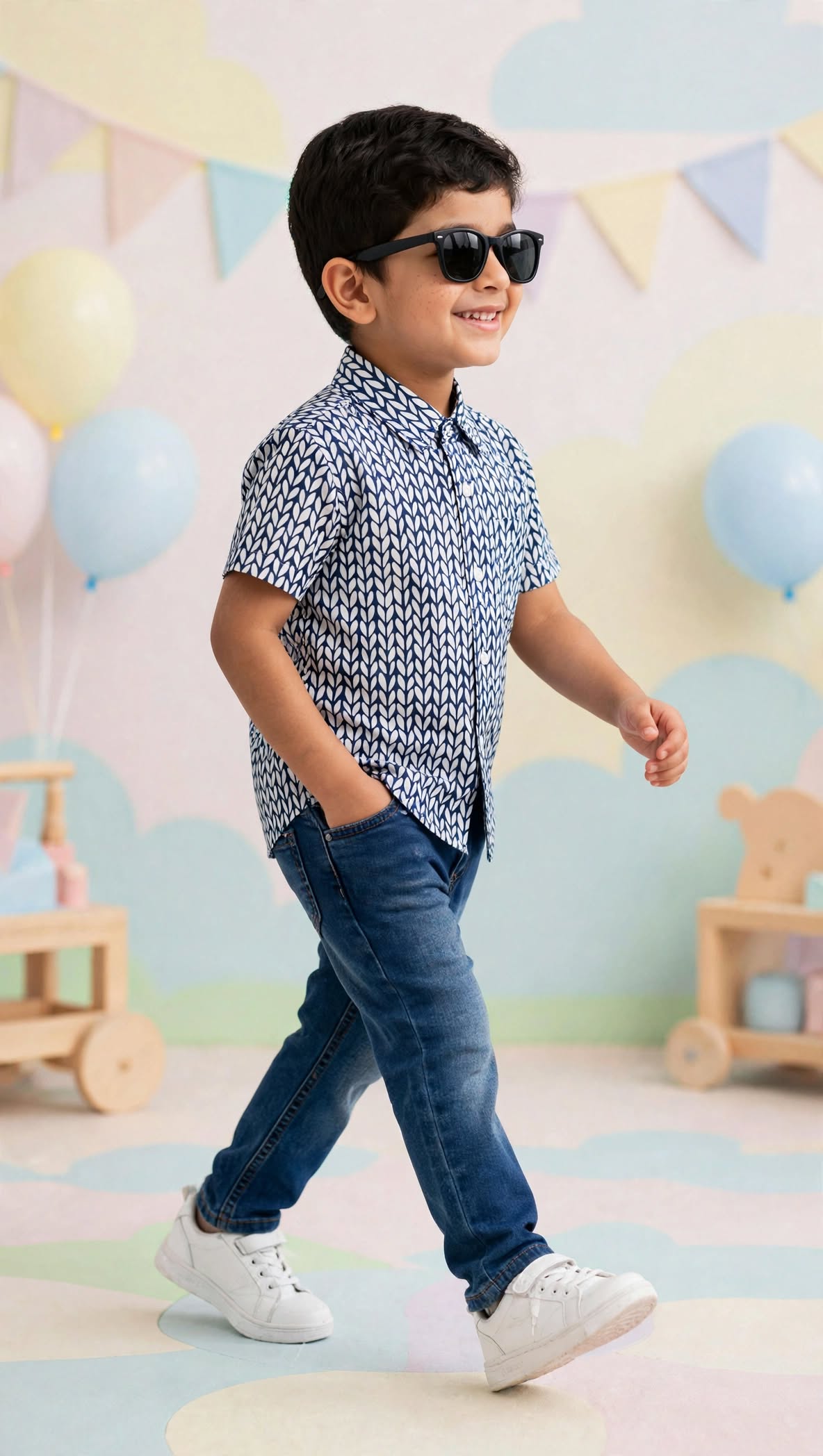 Boys Navy Blue Printed Shirt