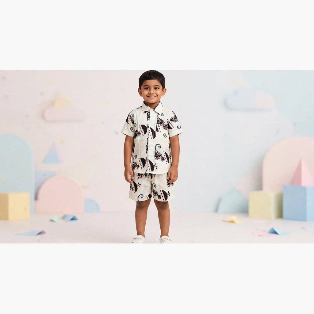 Boys Monkey with Umbrella Printed Shirt & Shorts Co-Ord Set