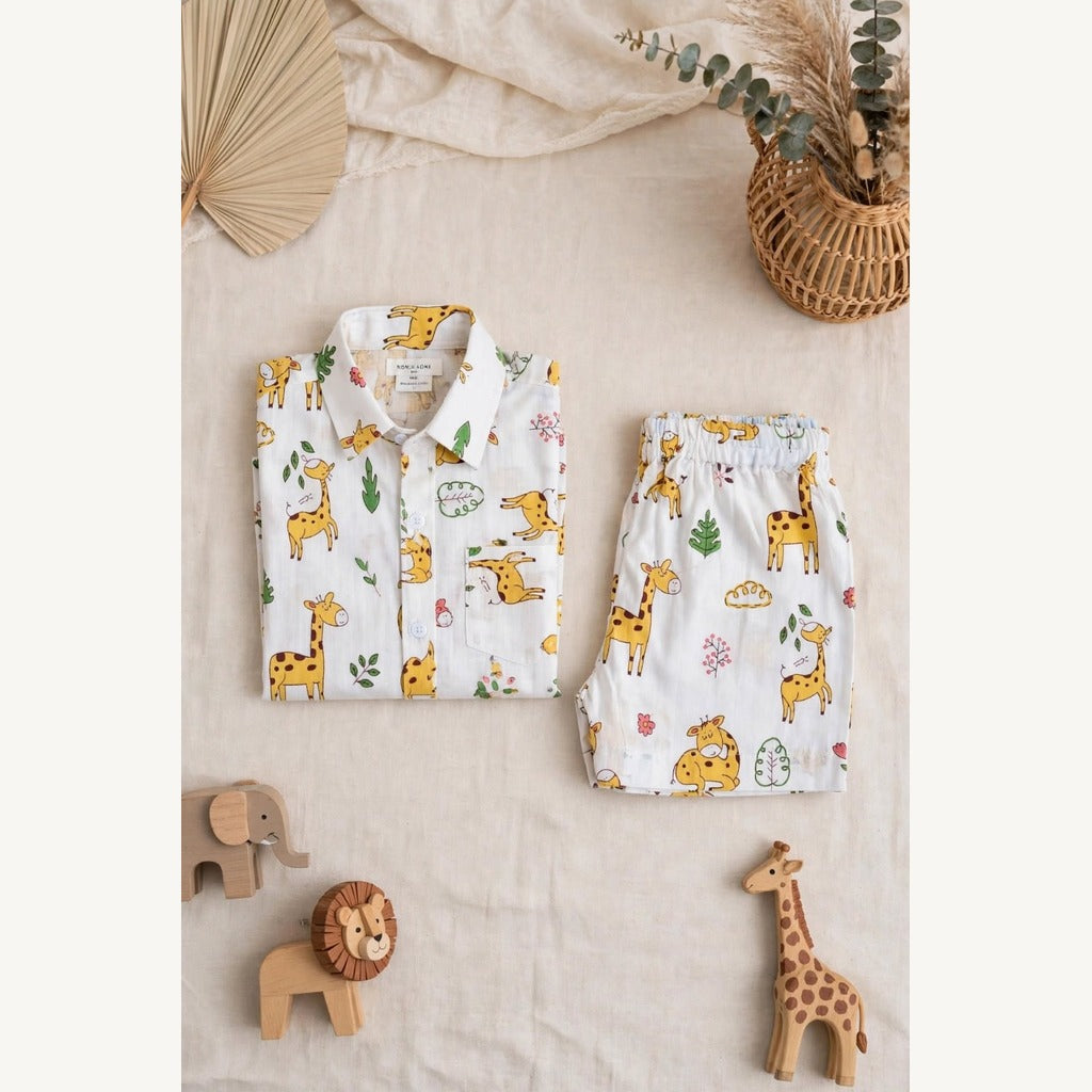 Boys Safari Giraffe Print Pure Cotton Shirt & Shorts Co-ord Set