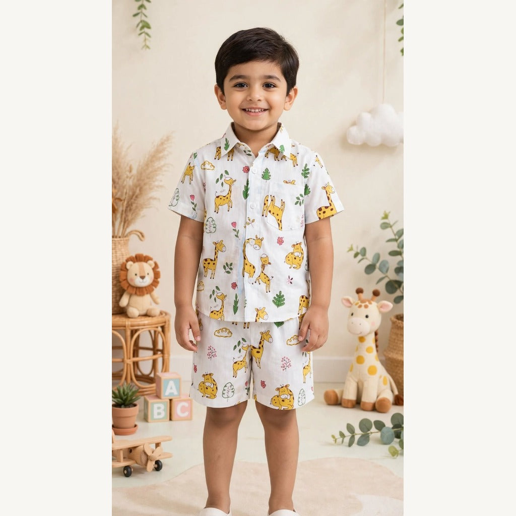 Boys Safari Giraffe Print Pure Cotton Shirt & Shorts Co-ord Set