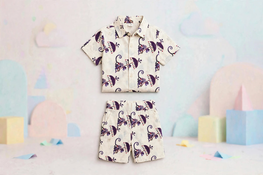 Boys Purple Monkey Printed Shirt & Shorts Co-Ord Set