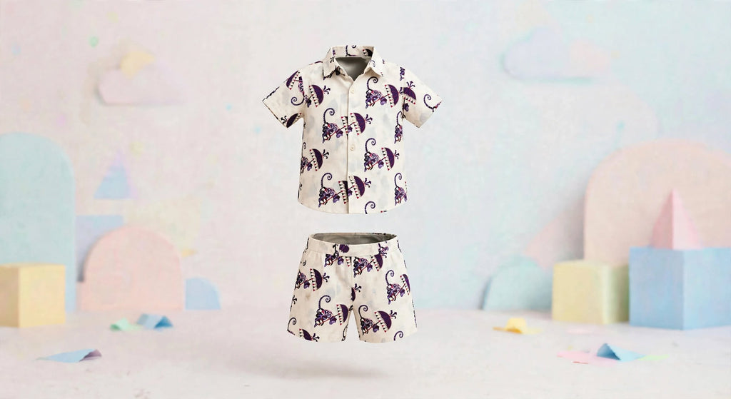 Boys Purple Monkey Printed Shirt & Shorts Co-Ord Set