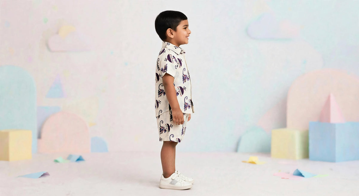 Boys Purple Monkey Printed Shirt & Shorts Co-Ord Set