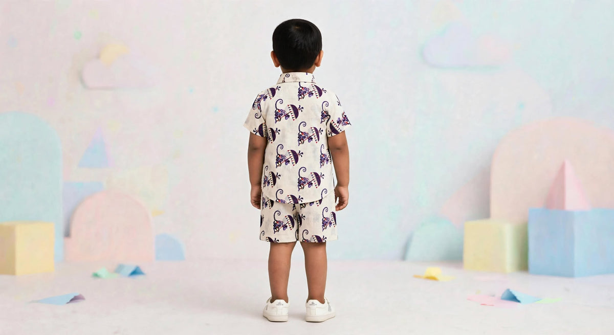 Boys Purple Monkey Printed Shirt & Shorts Co-Ord Set