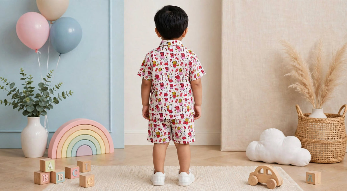 Kids Cartoon Print Shirt & Shorts Co-Ord Set