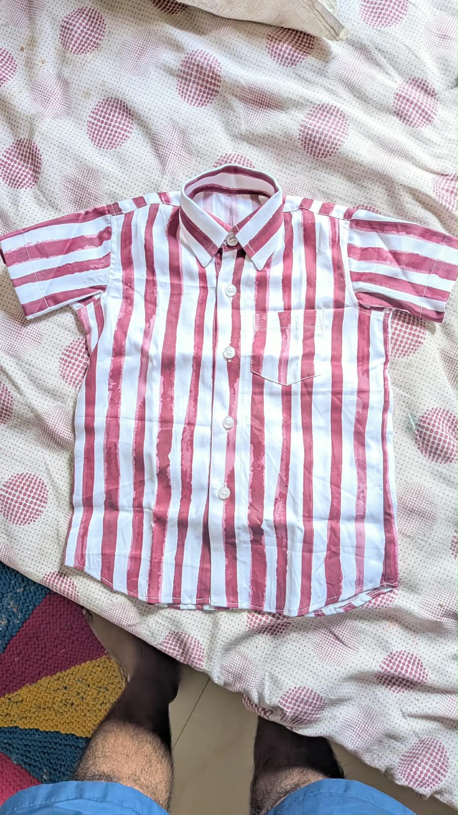 Boys Maroon & White Striped Cotton Shirt – Casual Half Sleeve Shirt